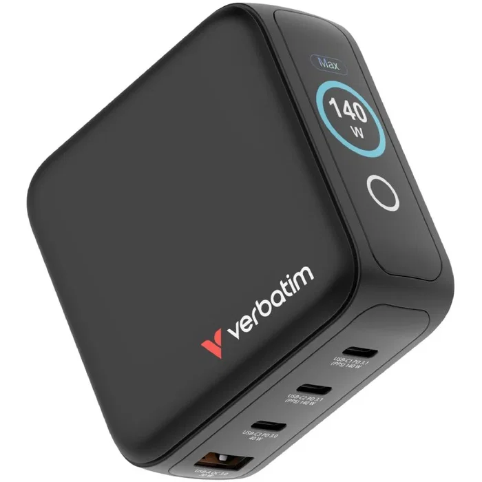 Verbatim Mini GaN Charger 140W con Pantalla, 3xUSB-C y 1xUSB-A, Negro Verbatim Mini GaN Charger 140W con Pantalla, 3xUSB-C y 1xUSB-A, Negro